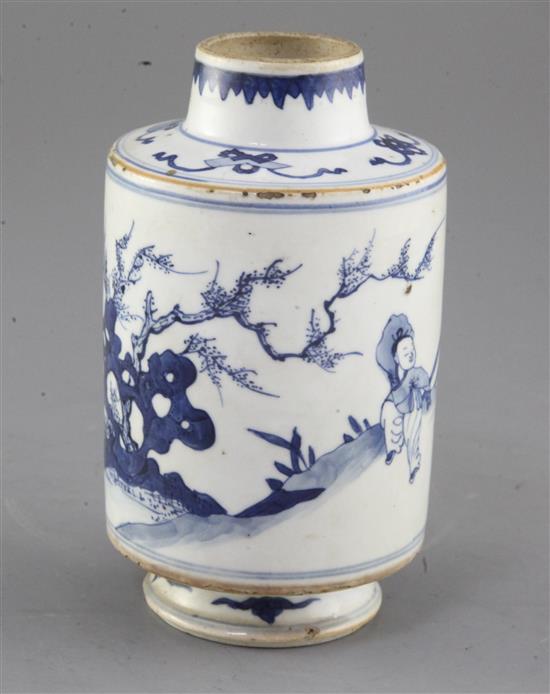 A Chinese blue and white cylindrical jar, Kangxi period, height 16.5cm, firing imperfections
